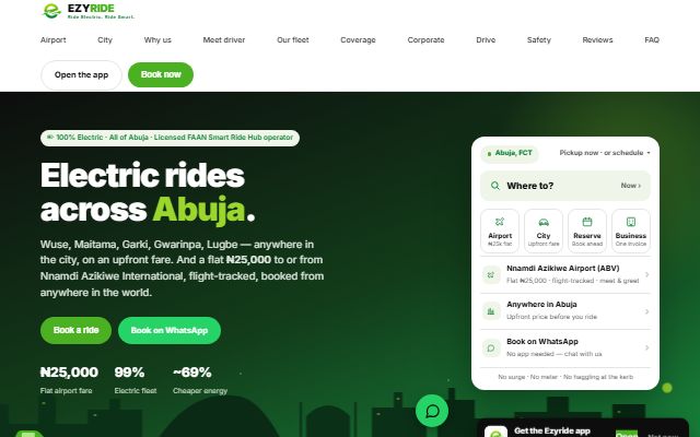 EzyRide homepage, offering electric rides across Abuja